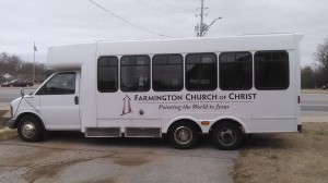 Farmington Church of Christ bus with logo that Red Rook Royal created for them.